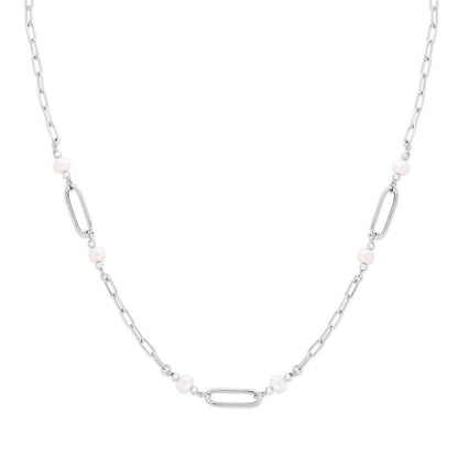 Sterling Silver Rhodium Plated Freshwater Pearl Paperclip Necklace