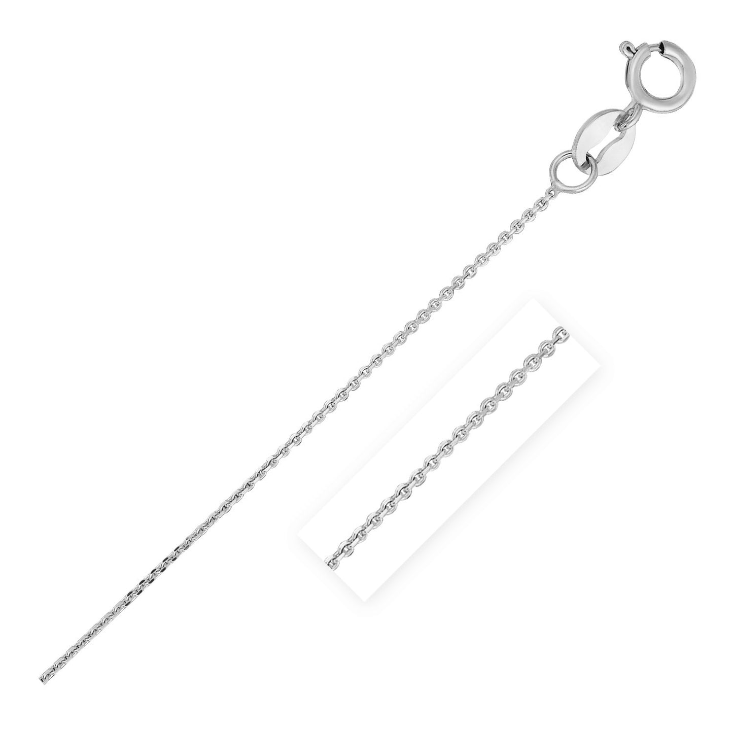 14k White Gold Diamond Cut Cable Link Chain (0.68 mm) in a sleek high-contrast midnight luxury editorial style