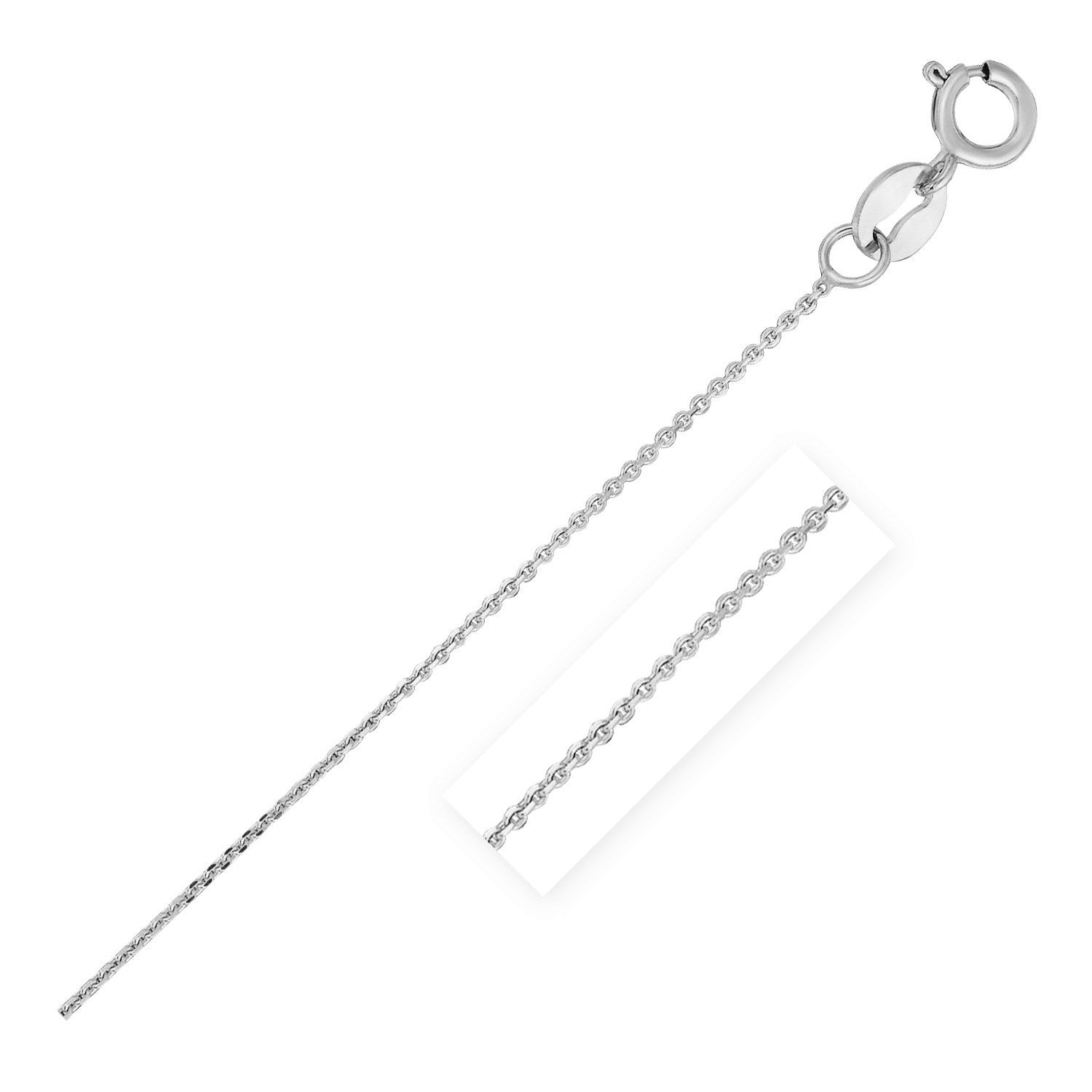 14k White Gold Diamond Cut Cable Link Chain (0.68 mm) in a sleek high-contrast midnight luxury editorial style