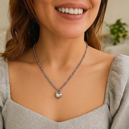 Sterling Silver Rhodium Plated Heart Padlock Figaro Necklace