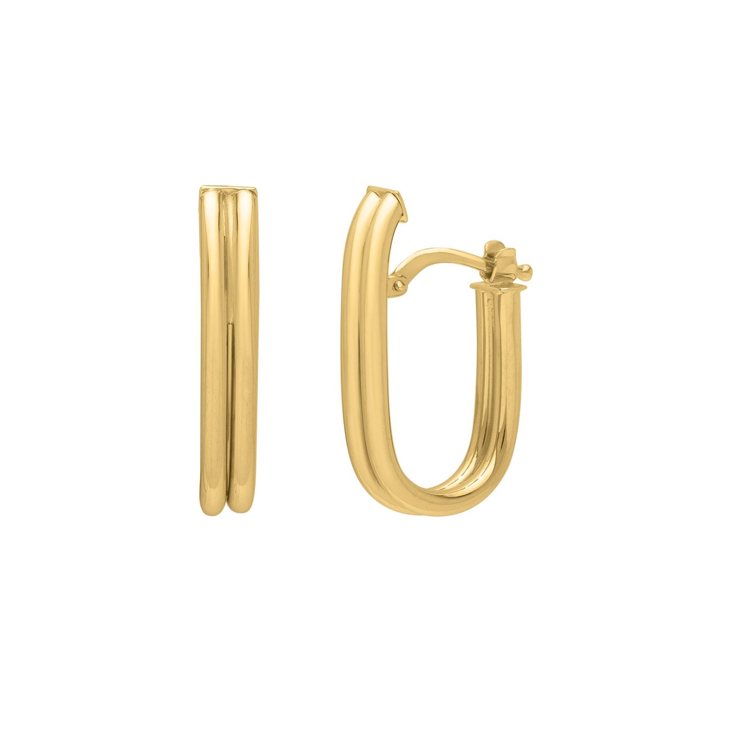 Double Oval Tube Hoop Earrings in 14K Yellow Gold in a sleek high-contrast midnight luxury editorial style