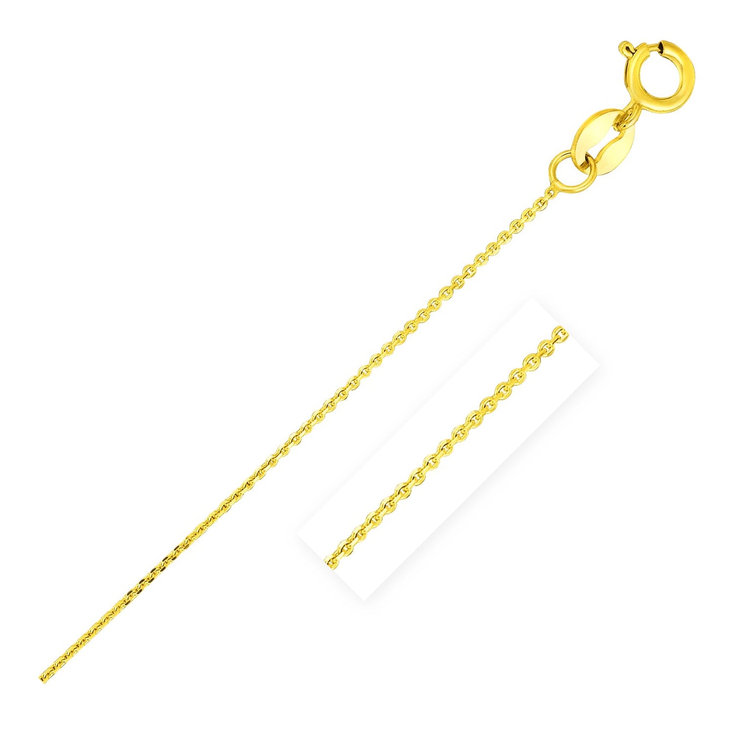 14k Yellow Gold Diamond Cut Cable Link Chain (0.68 mm) in a sleek high-contrast midnight luxury editorial style