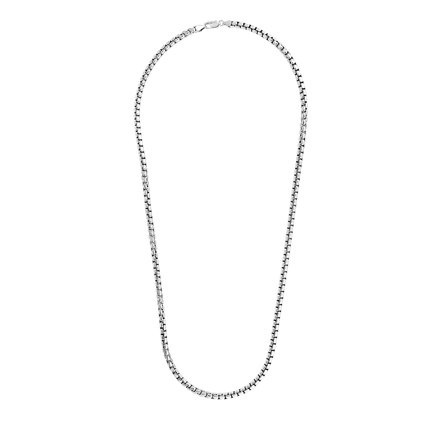 Sterling Silver Rhodium Plated Round Box Chain (5.20 mm) in silver midnight luxury editorial product photo, high-contrast stu