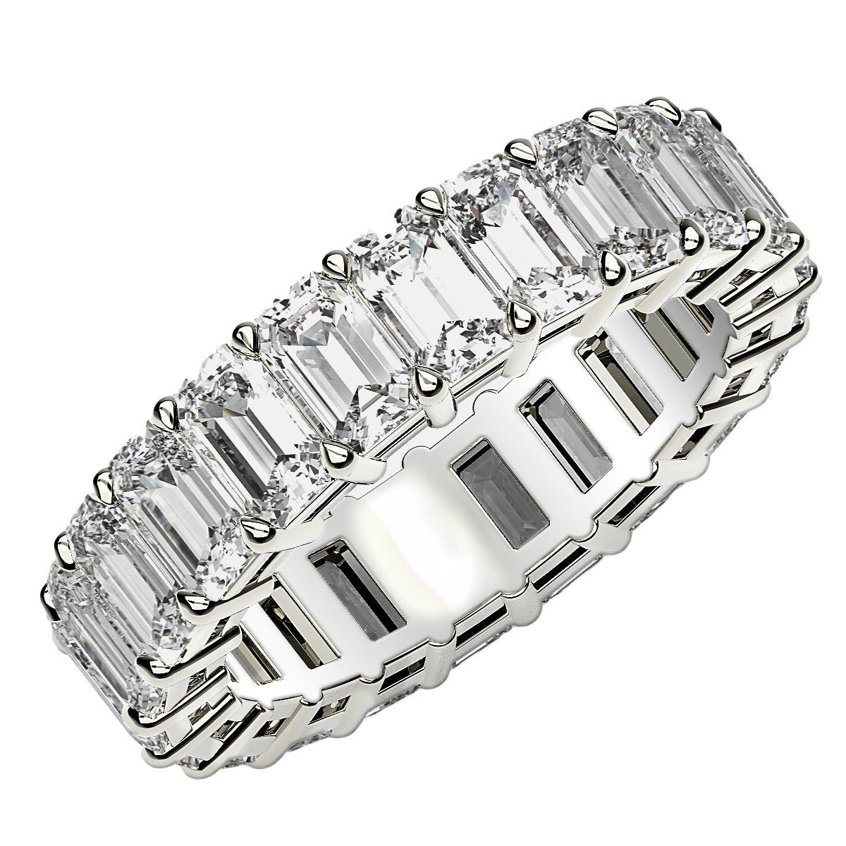 Emerald Cut Lab Grown Diamond Eternity Ring in 14k White Gold (6 cttw FG/VS2) in a sleek high-contrast midnight luxury editor