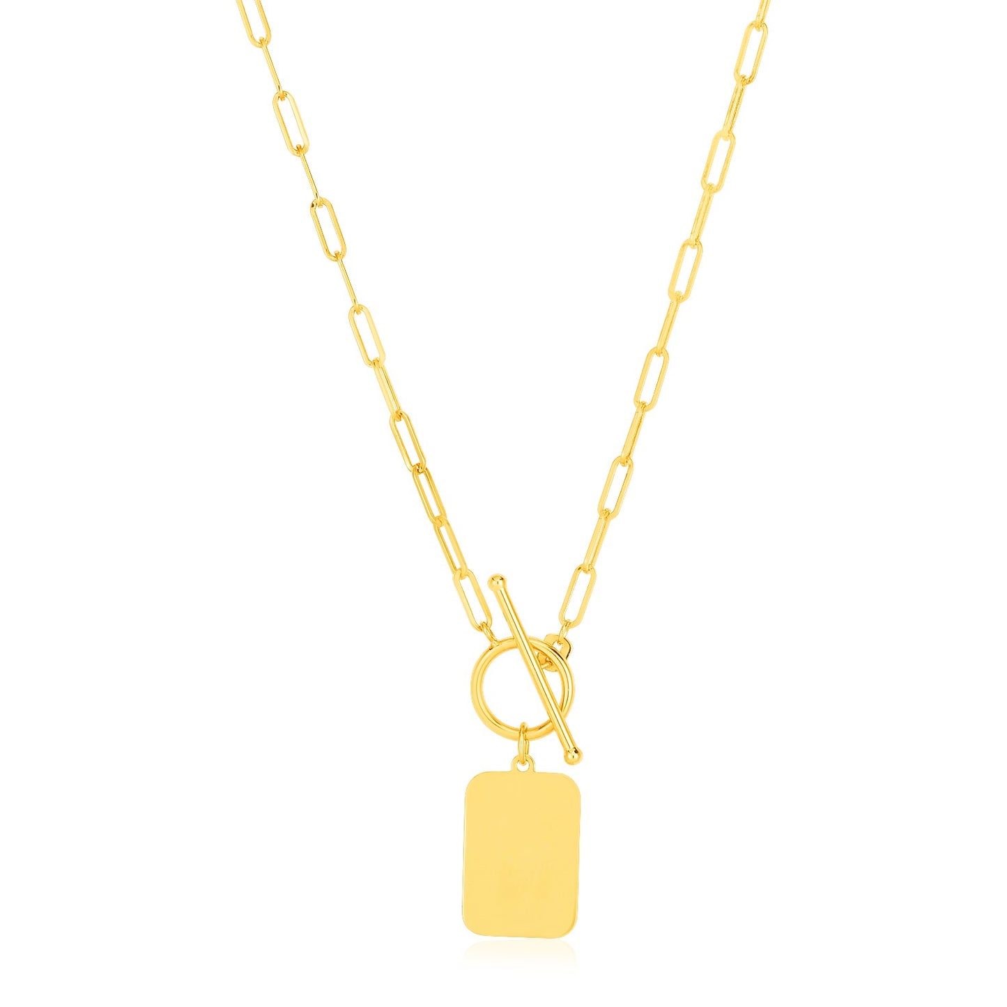 14k Yellow Gold Paperclip Chain Necklace with Rounded Rectangle Pendant in a sleek high-contrast midnight luxury editorial st