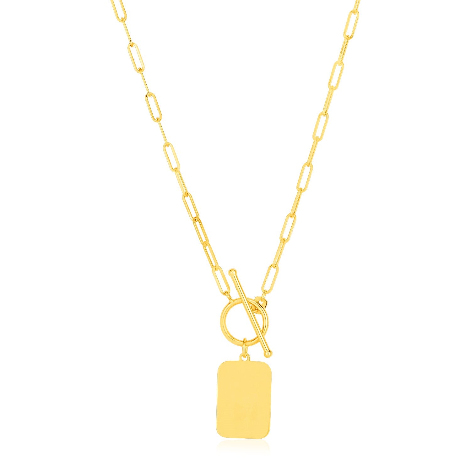 14k Yellow Gold Paperclip Chain Necklace with Rounded Rectangle Pendant in a sleek high-contrast midnight luxury editorial st