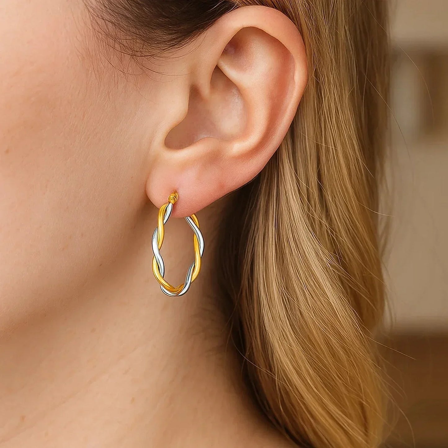 Two-Tone Twisted Wire Round Hoop Earrings in 10k Yellow and White Gold(3x20mm) - Peelerie