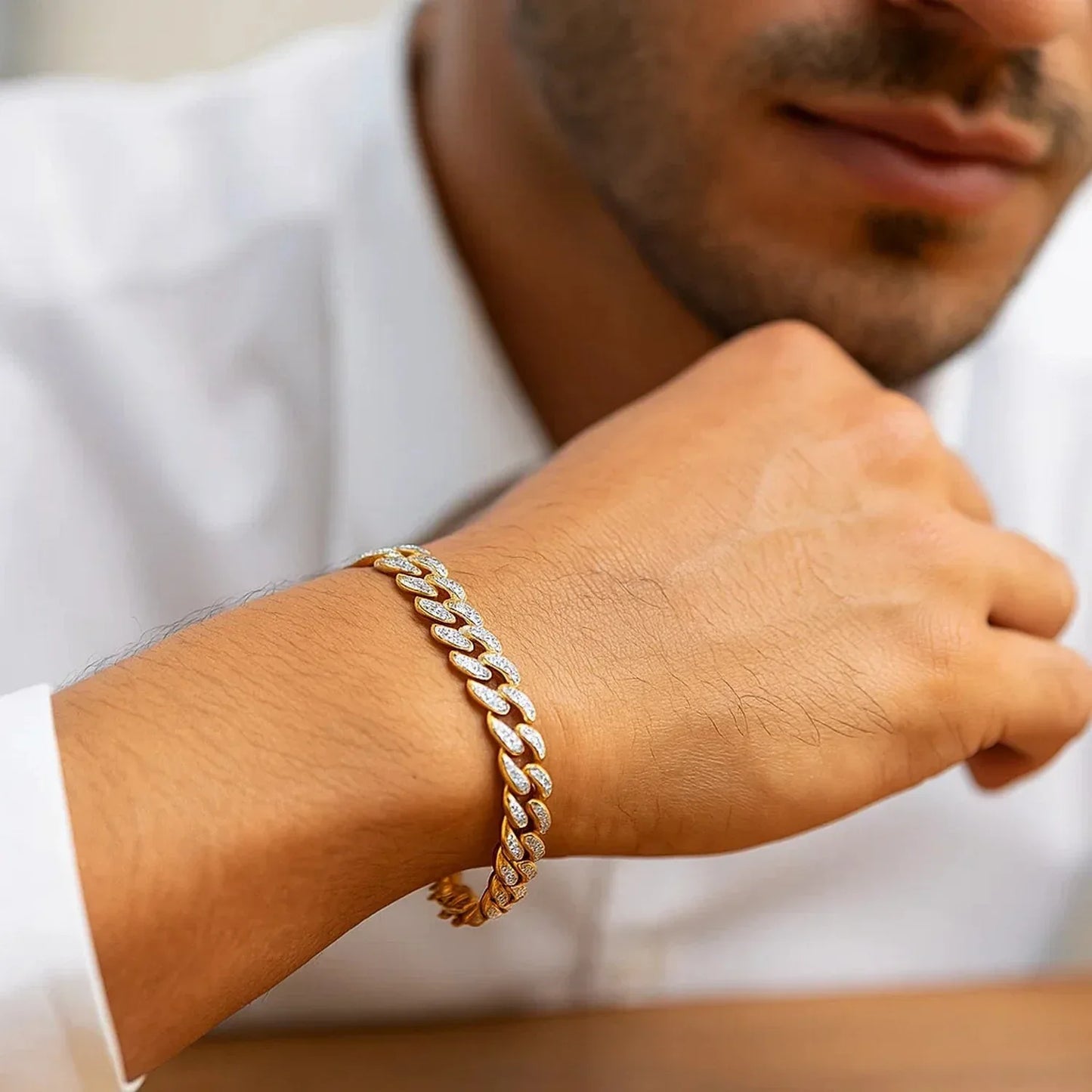 14k Two Tone Gold Curb Chain Bracelet with Diamond Pave Links (9.50 mm) - Peelerie