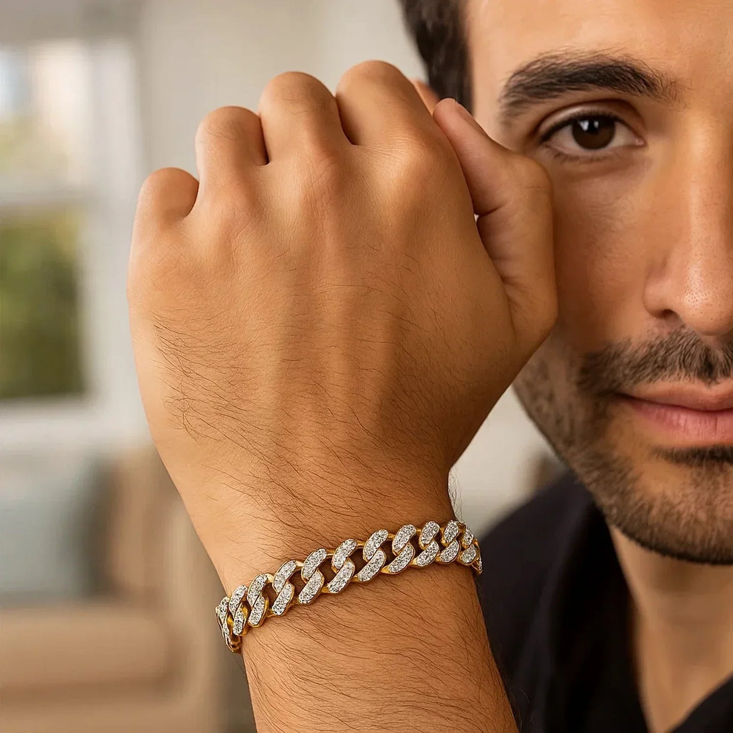 14k Two Tone Gold Curb Chain Bracelet with Diamond Pave Links (9.50 mm) - Peelerie