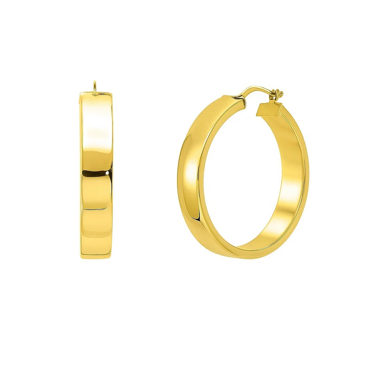 Large Tube Shaped Hoop Earrings in 14K Yellow Gold in a sleek high-contrast midnight luxury editorial style