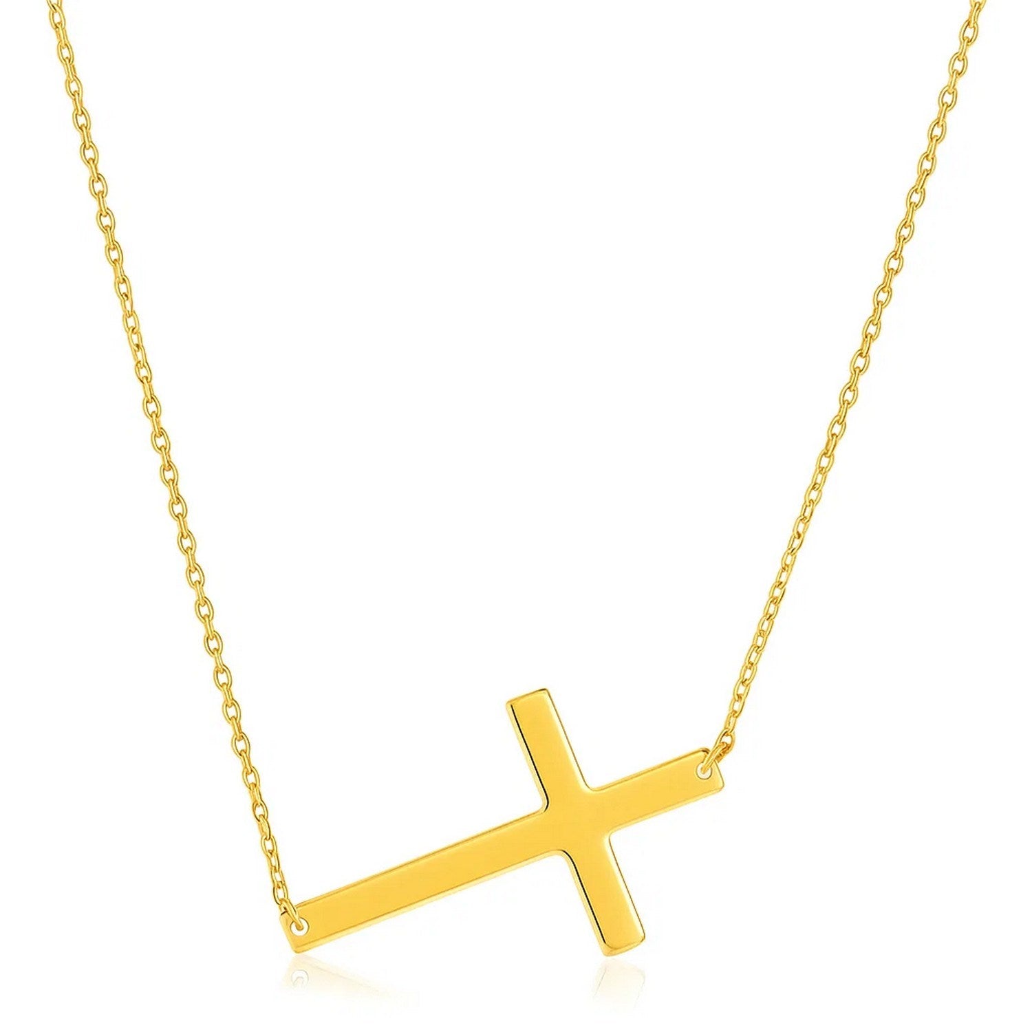 14k Yellow Gold Plain Cross Motif Necklace in a sleek high-contrast midnight luxury editorial style