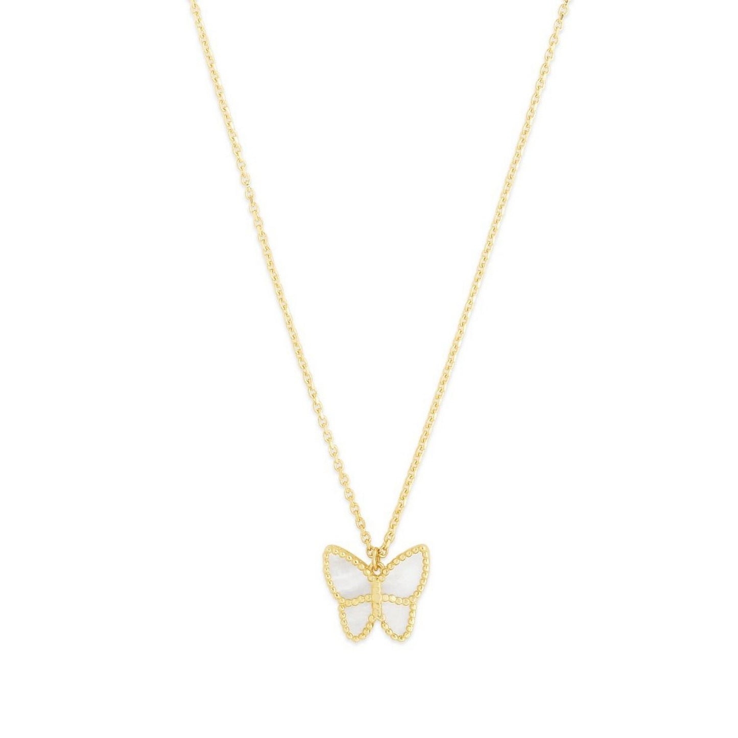 14k Yellow Gold High Polish Butterfly Peral Paste Necklace in a sleek high-contrast midnight luxury editorial style