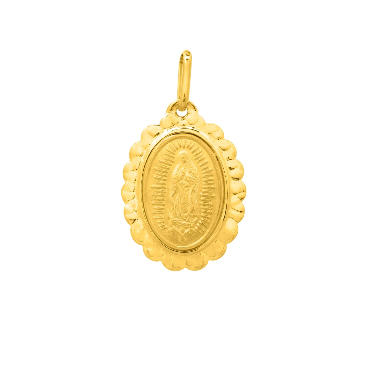 Religious Pendant with Our Lady of Guadalupe in 14K Yellow Gold in a sleek high-contrast midnight luxury editorial style