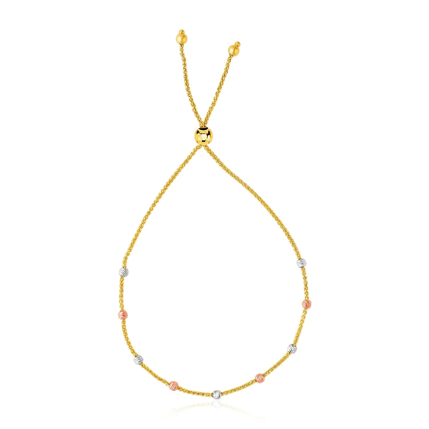 14k Tri-Color Gold Textured Bead Station Lariat Bracelet (5.00 mm) - Peelerie