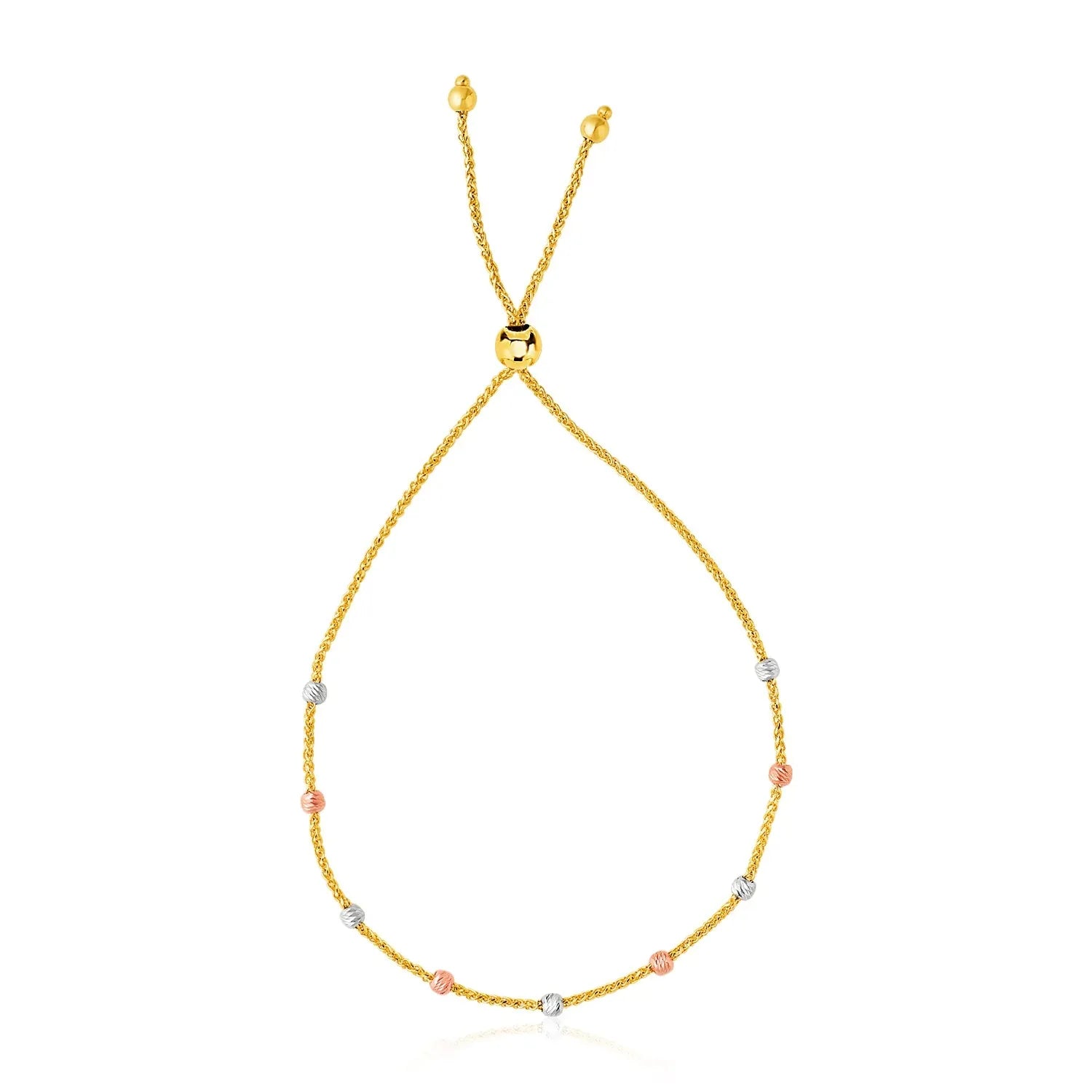 14k Tri-Color Gold Textured Bead Station Lariat Bracelet (5.00 mm) - Peelerie