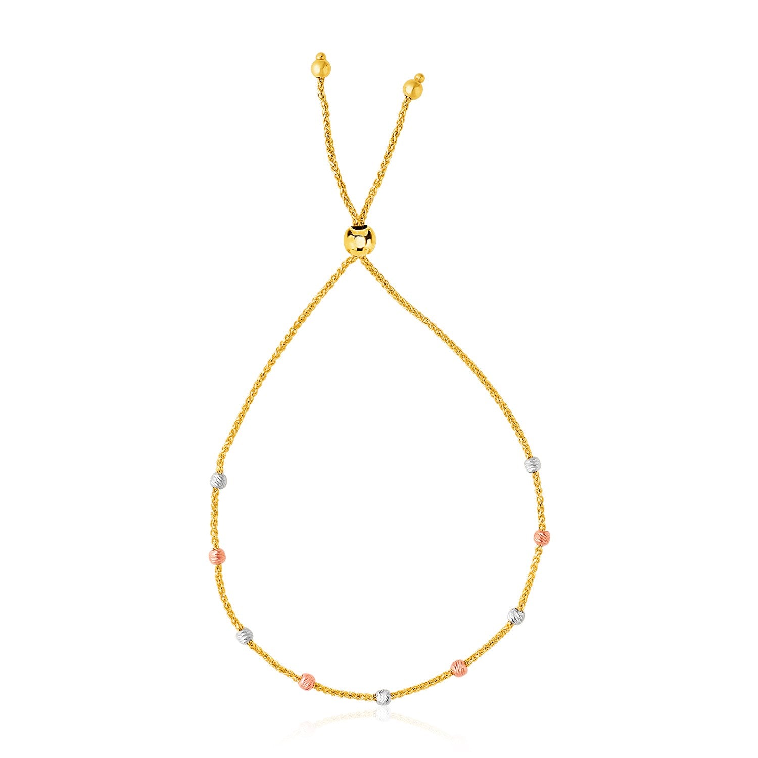 14k Tri-Color Gold Textured Bead Station Lariat Bracelet (5.00 mm) in a sleek high-contrast midnight luxury editorial style