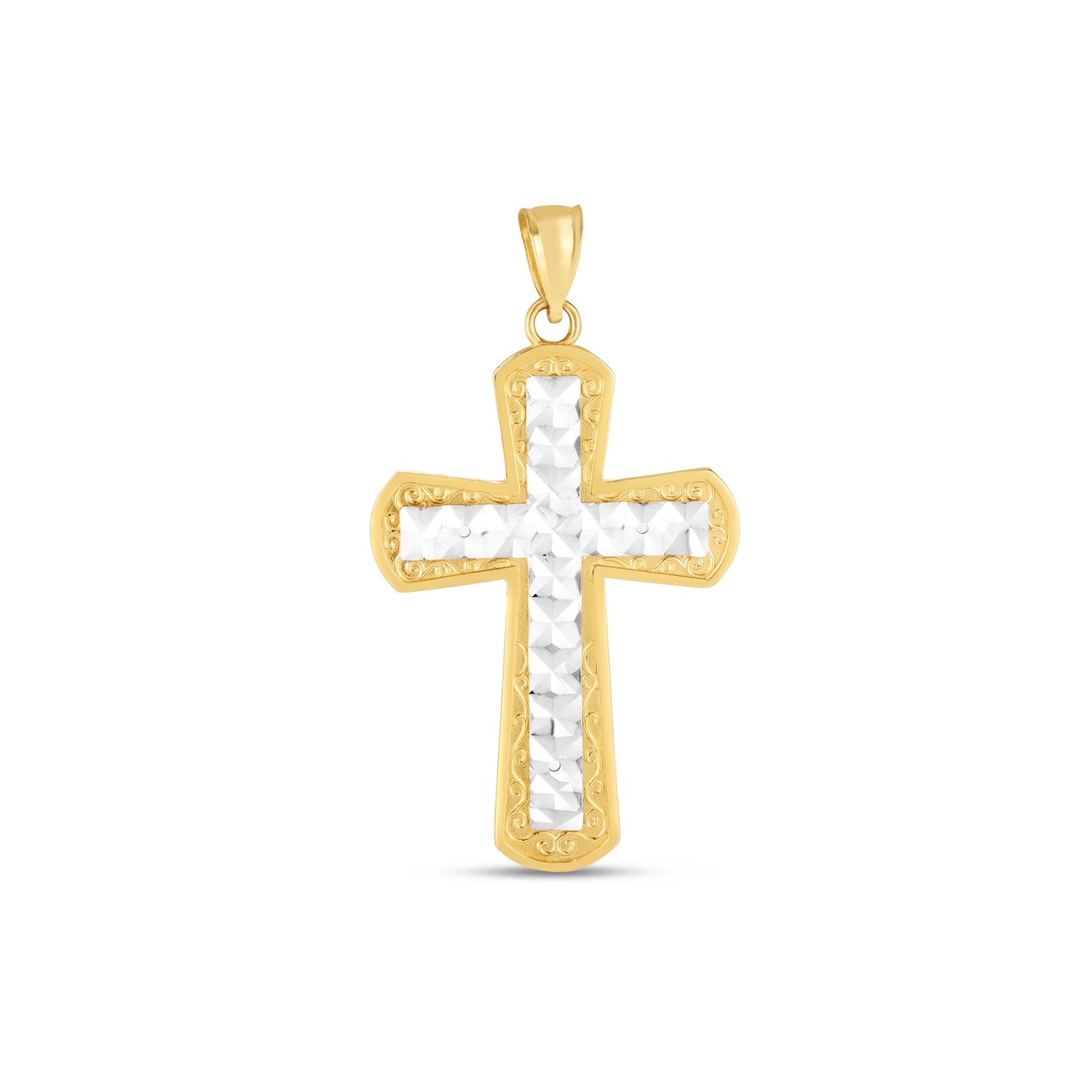 14k Two Tone Gold High Polish Diamond Cut Cross Pendant in a sleek high-contrast midnight luxury editorial style