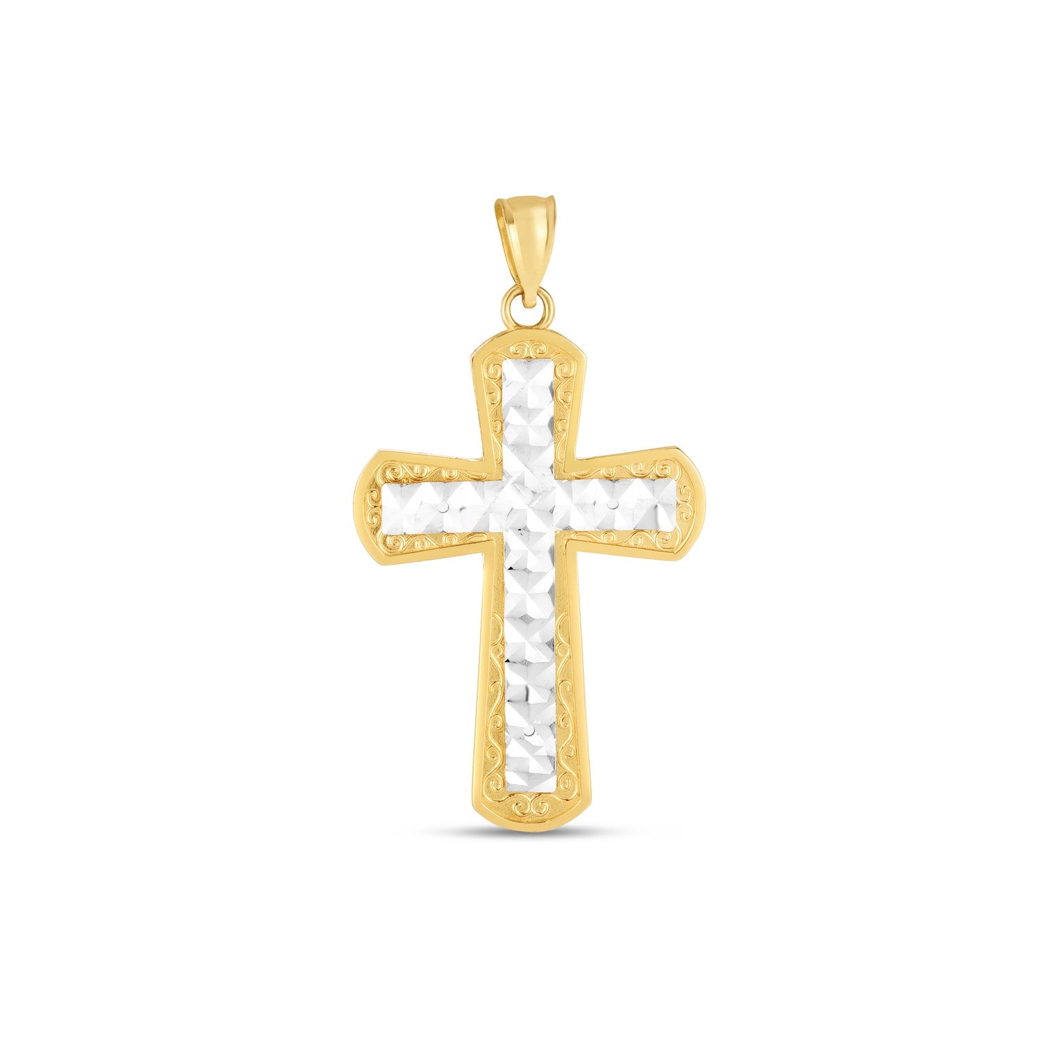 14k Two Tone Gold High Polish Diamond Cut Cross Pendant in a sleek high-contrast midnight luxury editorial style
