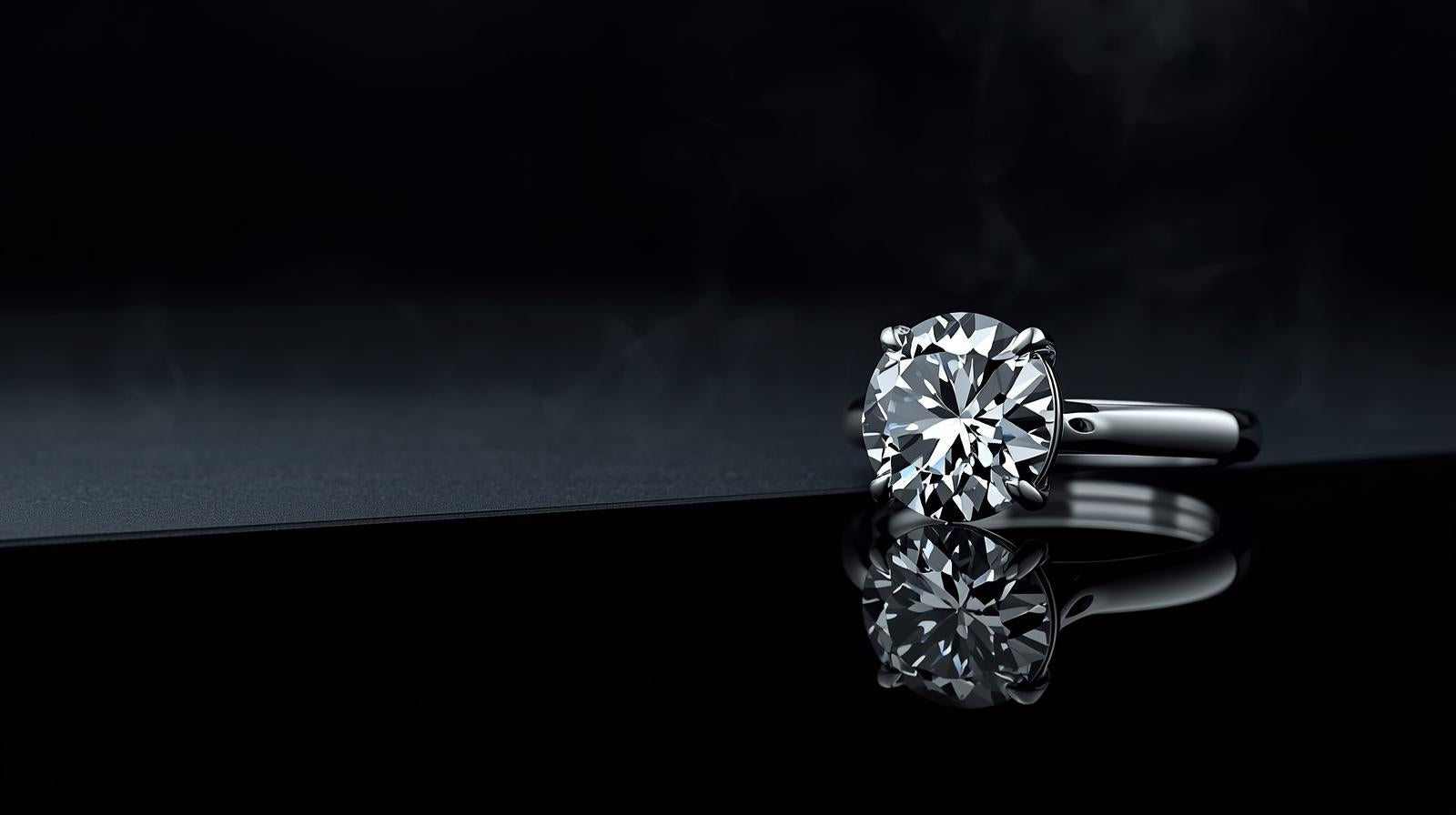 Diamond ring on a reflective black surface with a dark background