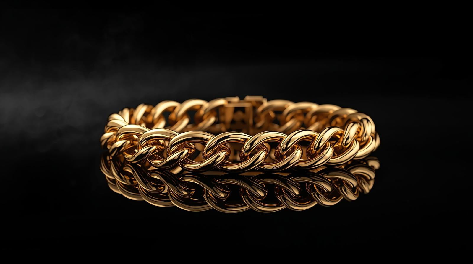 Gold chain bracelet on a black background