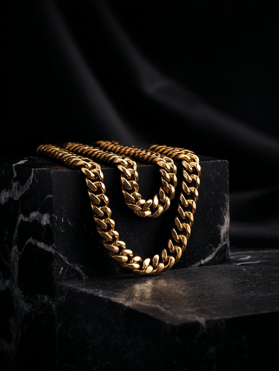A chunky gold Cuban link chain draped over a black marble block against a dark draped fabric background.