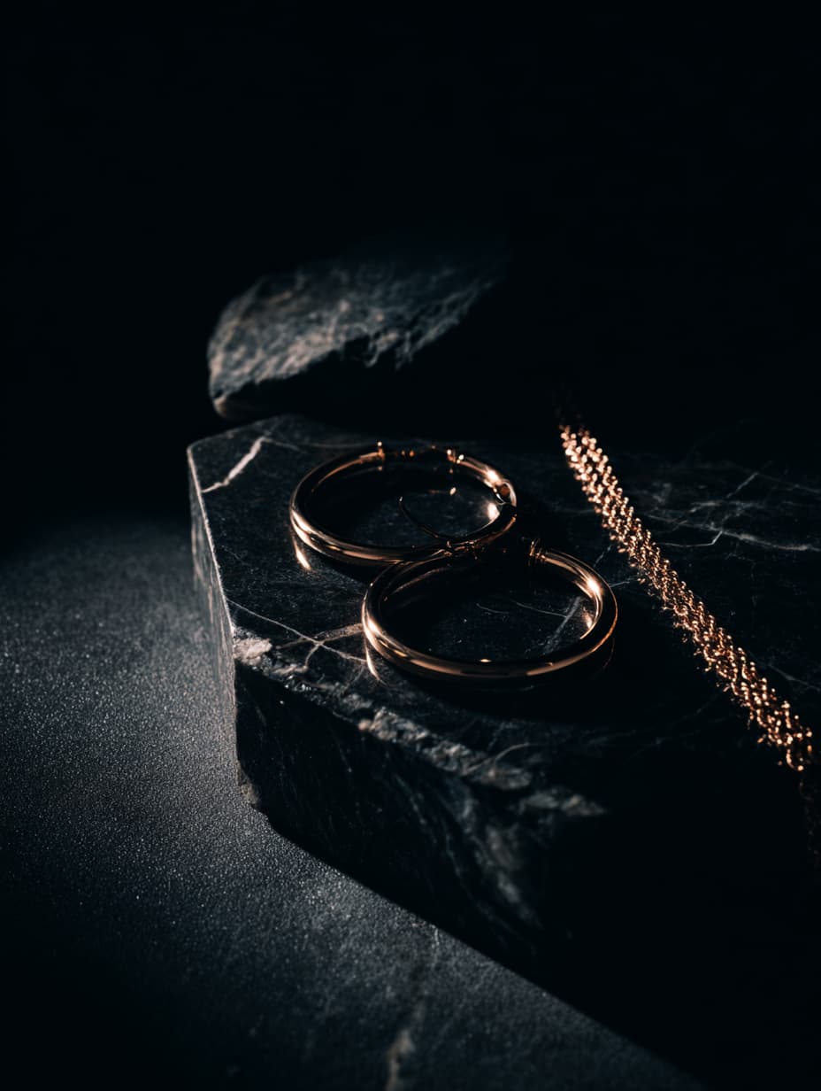 Rose gold hoop earrings and a matching chain necklace displayed on a dark textured stone slab against a black background.