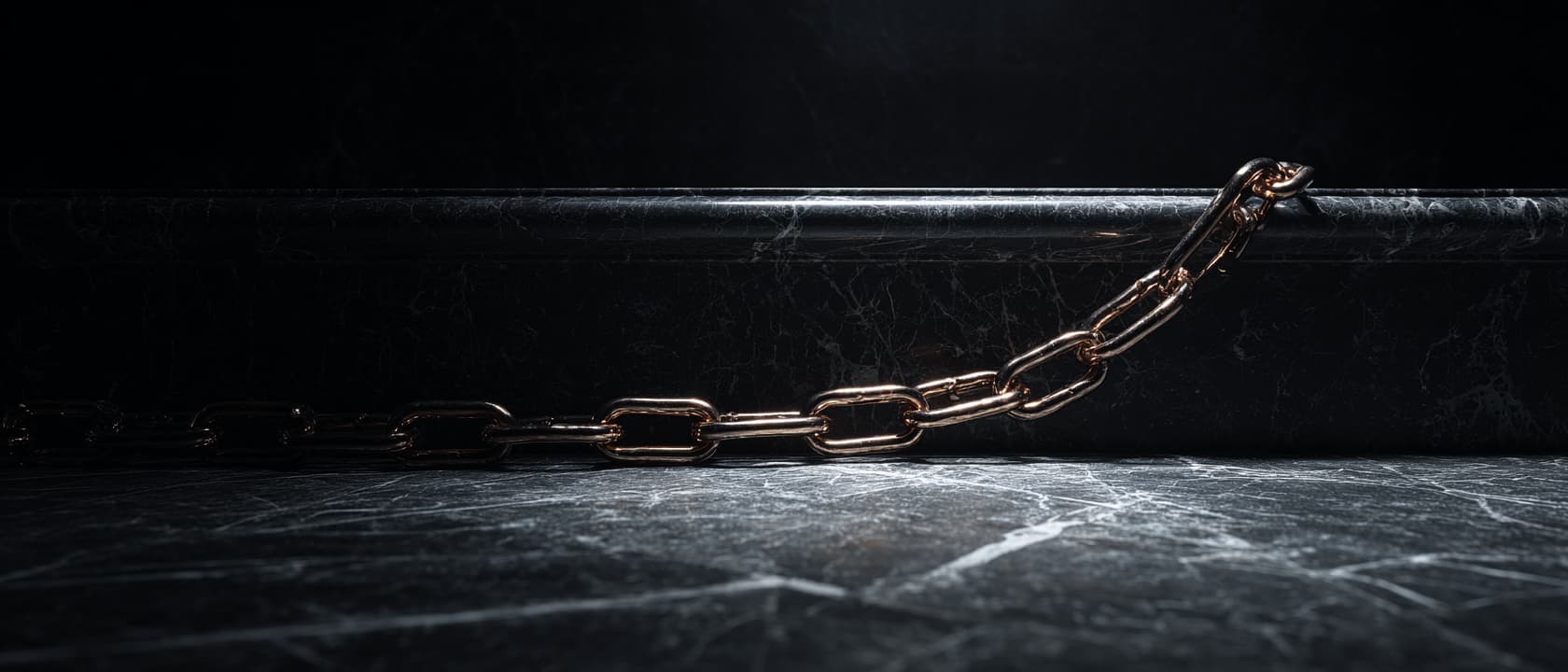 A close-up of a metallic chain draped across a dark, textured surface against a black background.