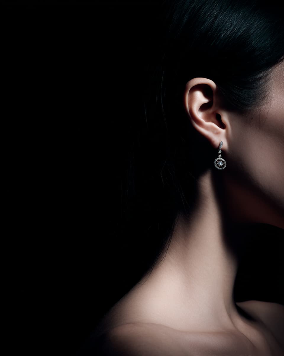 A close-up side profile of a woman's ear and neck wearing a small dangling earring against a very dark black background.