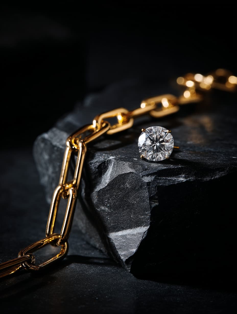 A round brilliant-cut clear gemstone stud set in a gold post, displayed on a dark textured rock next to a gold paperclip chain against a dark background.