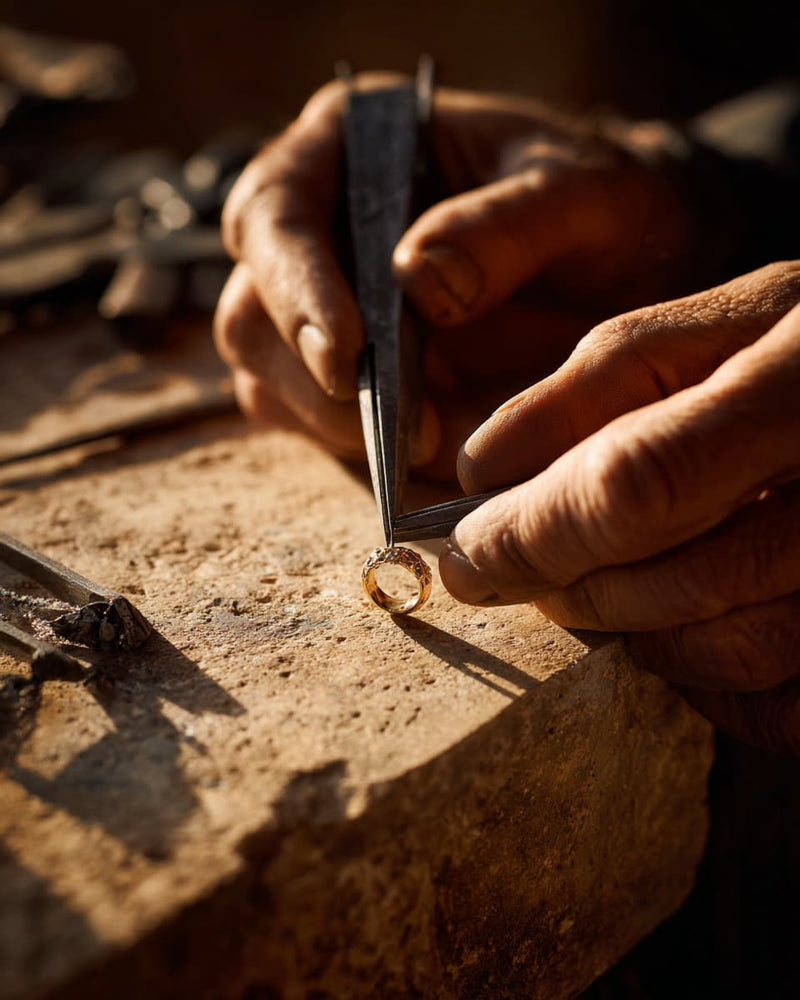 Close-up of a jeweler's hands using metal tweezers to examine a small gold ring on a textured workbench, with warm, dramatic lighting and a blurred workshop background.