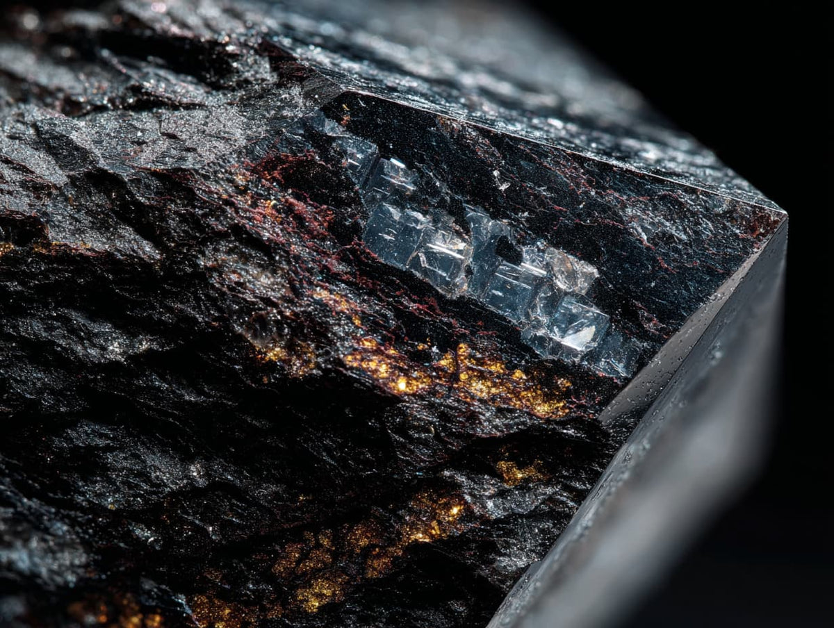 Macro close-up of a dark crystalline mineral or gemstone specimen with clear faceted crystals and warm metallic-looking inclusions on a black background.