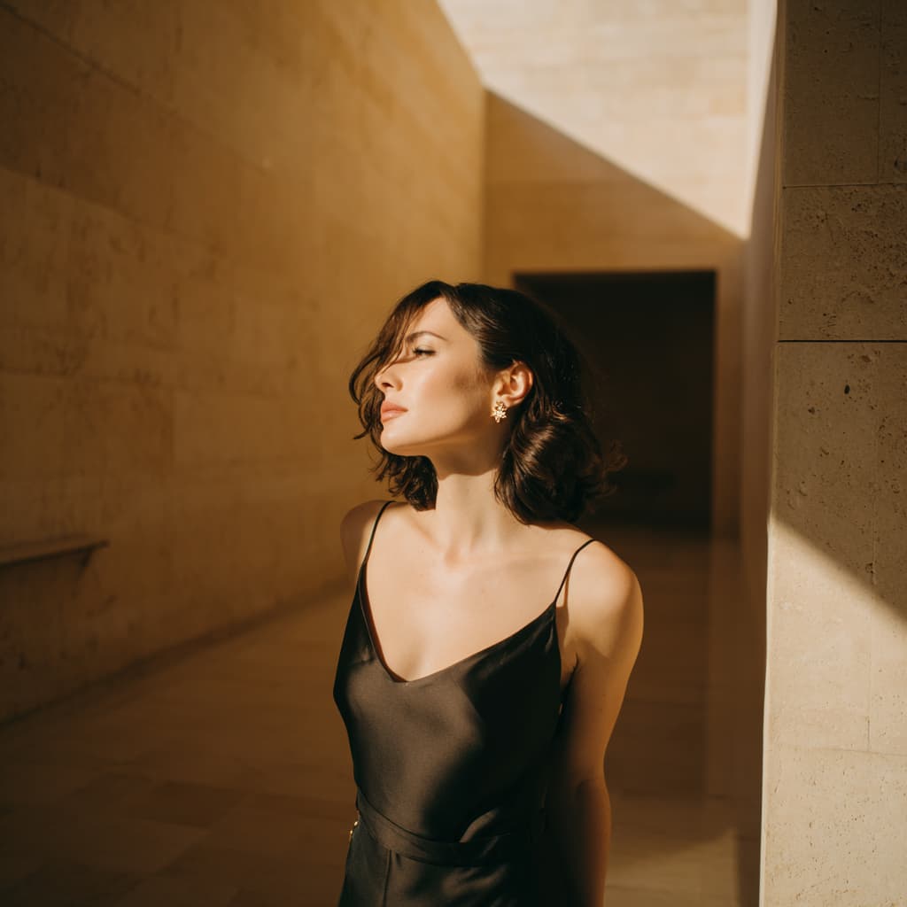 A woman with dark wavy hair wearing a black satin spaghetti-strap dress stands in a sunlit stone corridor, looking upward and to the side.