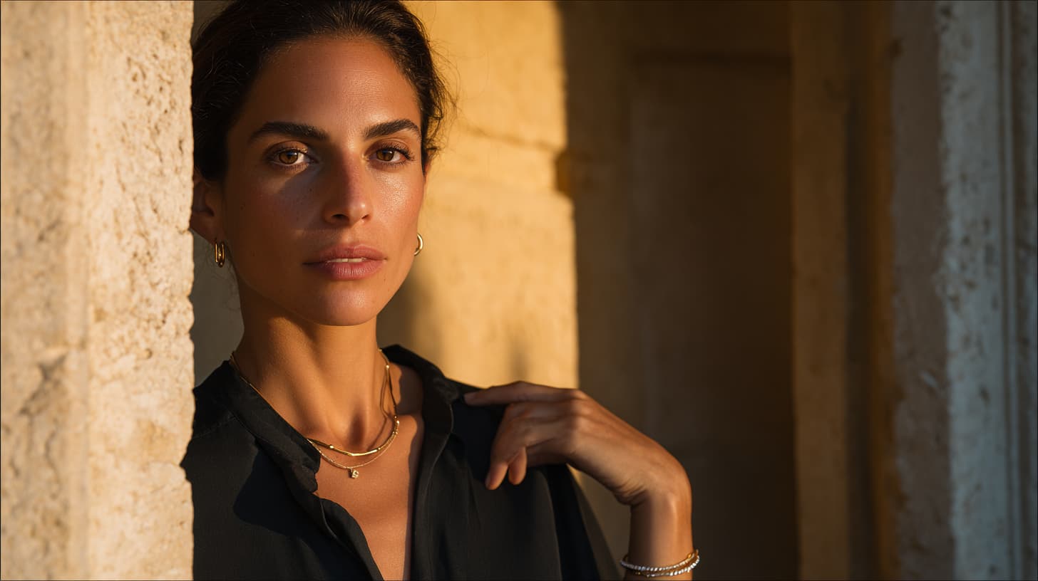 A woman in a black shirt wearing delicate gold jewelry, including a layered necklace and earrings, posing in a warm, sunlit stone corridor.