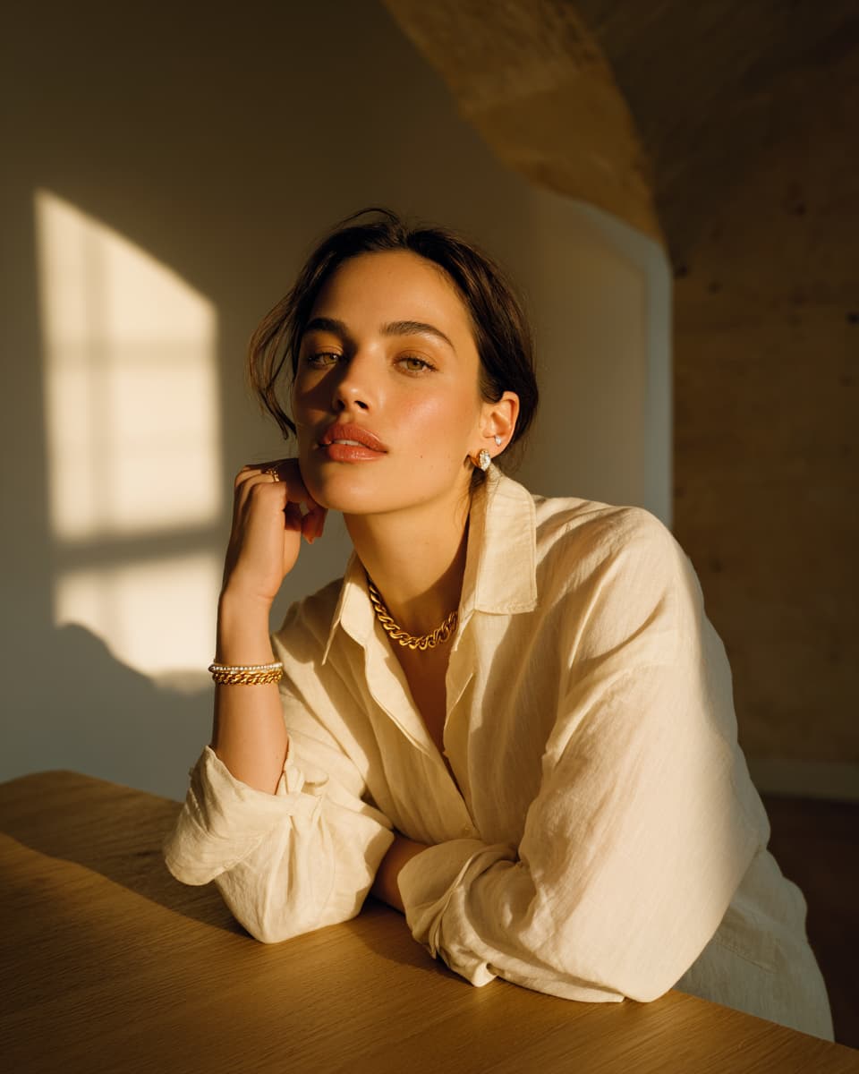 A woman with dark hair resting her head on her hand, wearing a cream linen button-up shirt and gold jewelry, leaning on a wooden table in warm, sunlit sunlight.