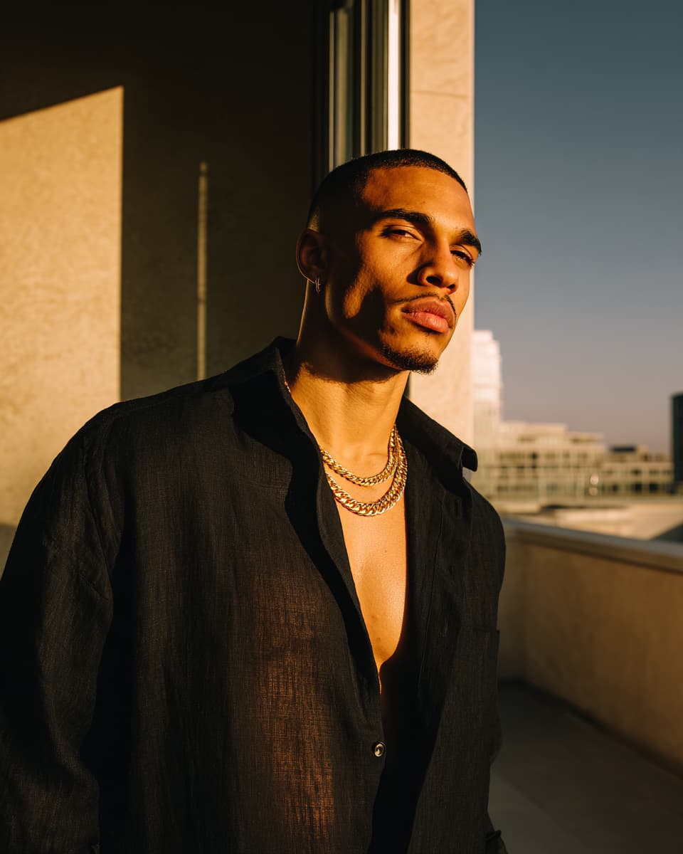 A man wearing a black linen button-down shirt and layered silver chain necklaces, standing on a balcony in warm golden hour sunlight.