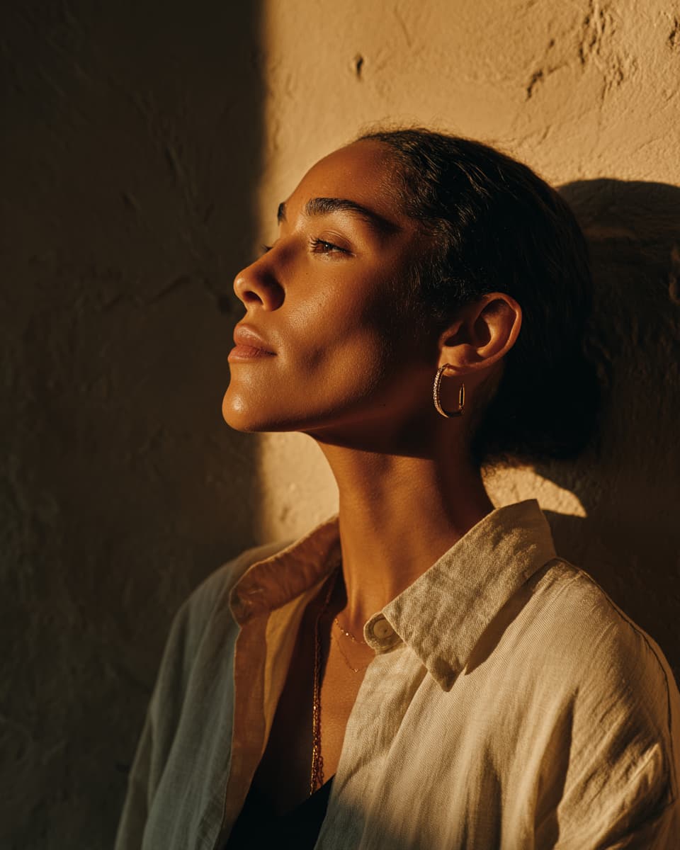 A woman in profile wearing gold hoop earrings and a light beige linen shirt, standing against a textured wall in dramatic warm sunlight.