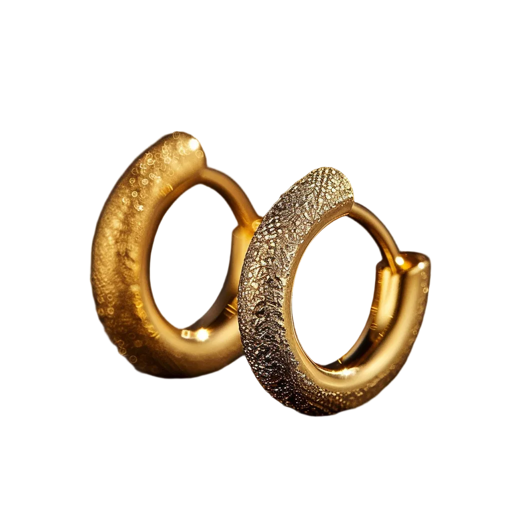 Pair of gold hoop earrings on a dark textured surface