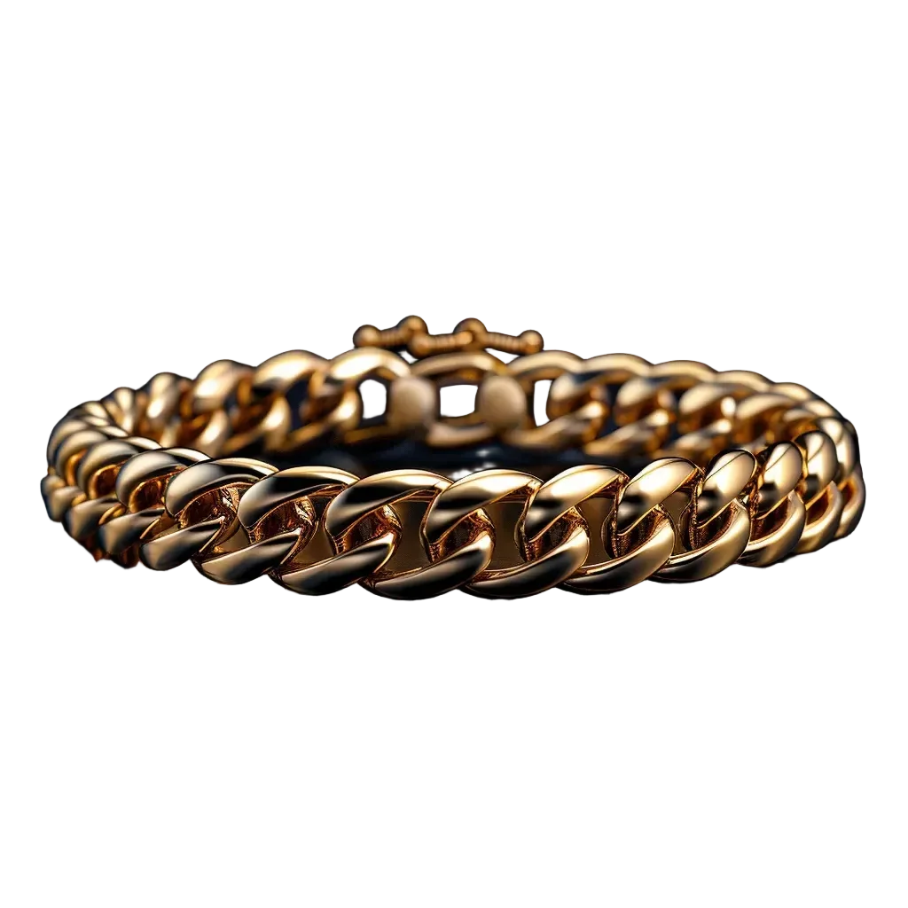 Gold chain bracelet on a reflective surface with a dark background