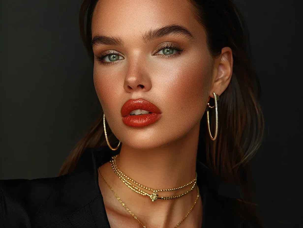 Woman wearing gold jewelry against a dark background