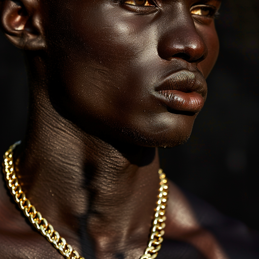Close-up of a person wearing a thick gold chain necklace against a dark background.