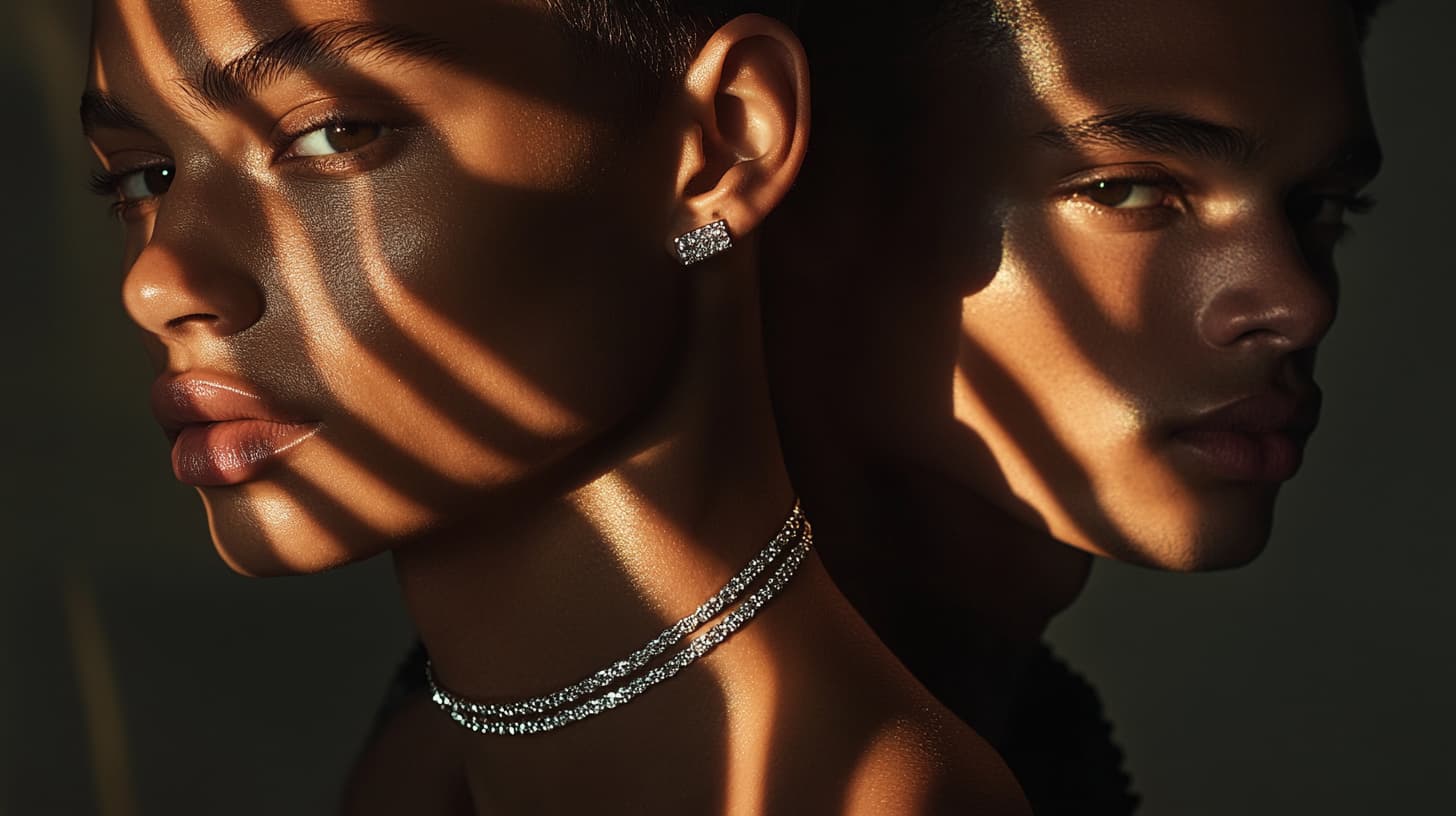 A close-up portrait of a model wearing a sparkling double-strand diamond choker necklace and a matching diamond stud earring, set against a dark background with dramatic shadow patterns.