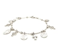 Bracelet en argent sterling de 7,25 pouces avec breloques croix et médailles religieuses