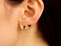 Boucles d'oreilles clous en or jaune 14 carats à deux trous avec papillons