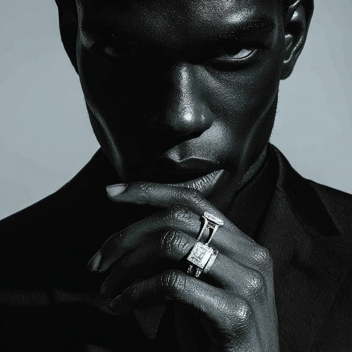 Black and white portraits of a man and a woman against a gray background