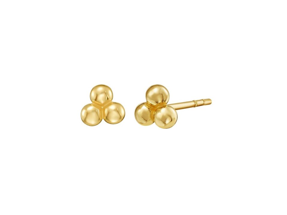 Triple bead earrings in solid 14K yellow gold, view 2