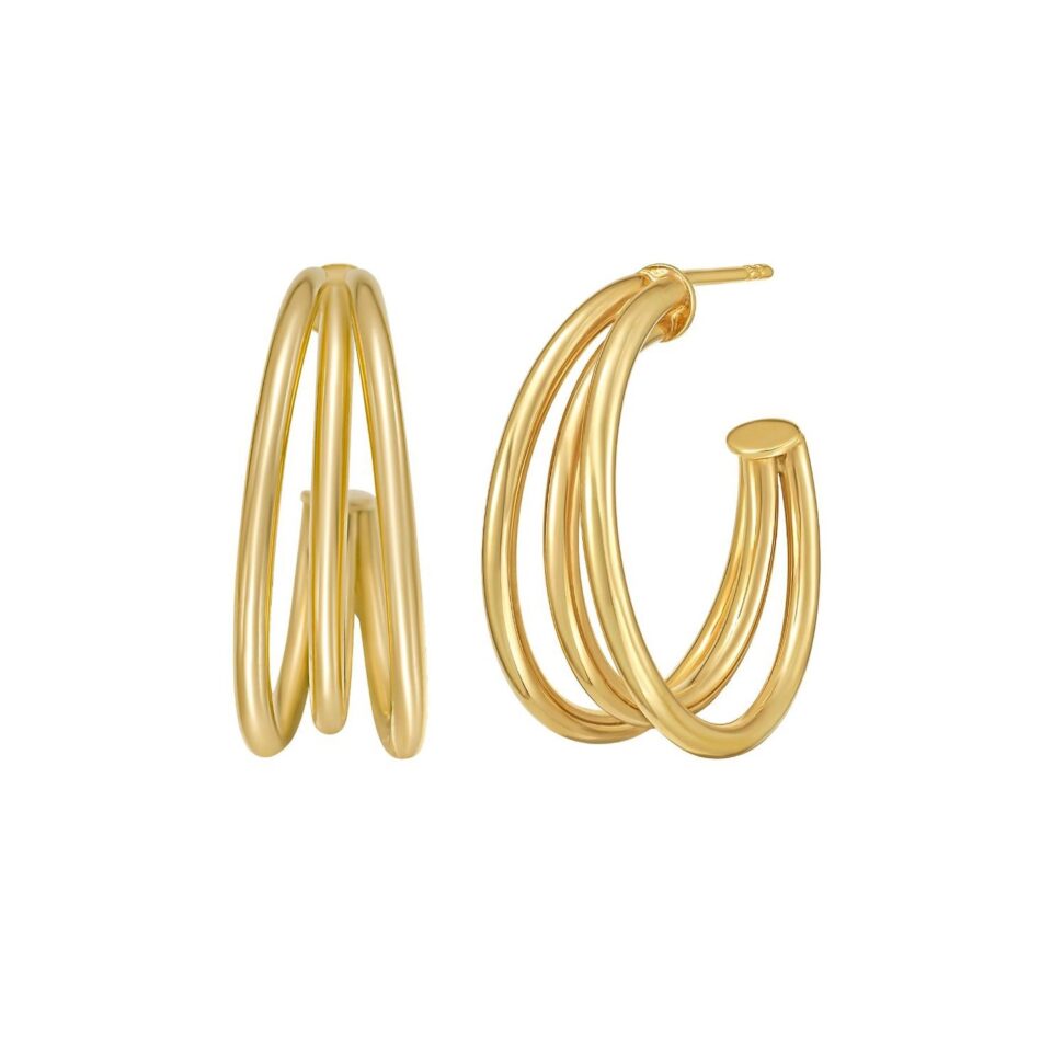 Triple Row C Hoop Earrings, 14K Yellow Gold