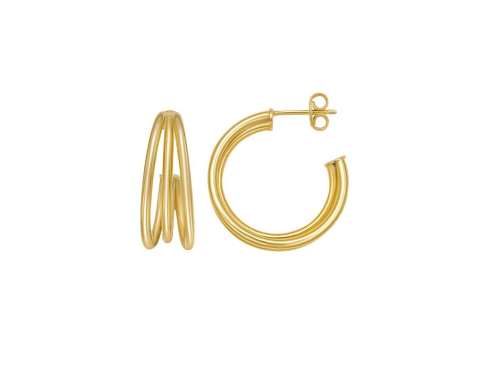 Triple row C hoop earrings in solid 14K yellow gold, view 2