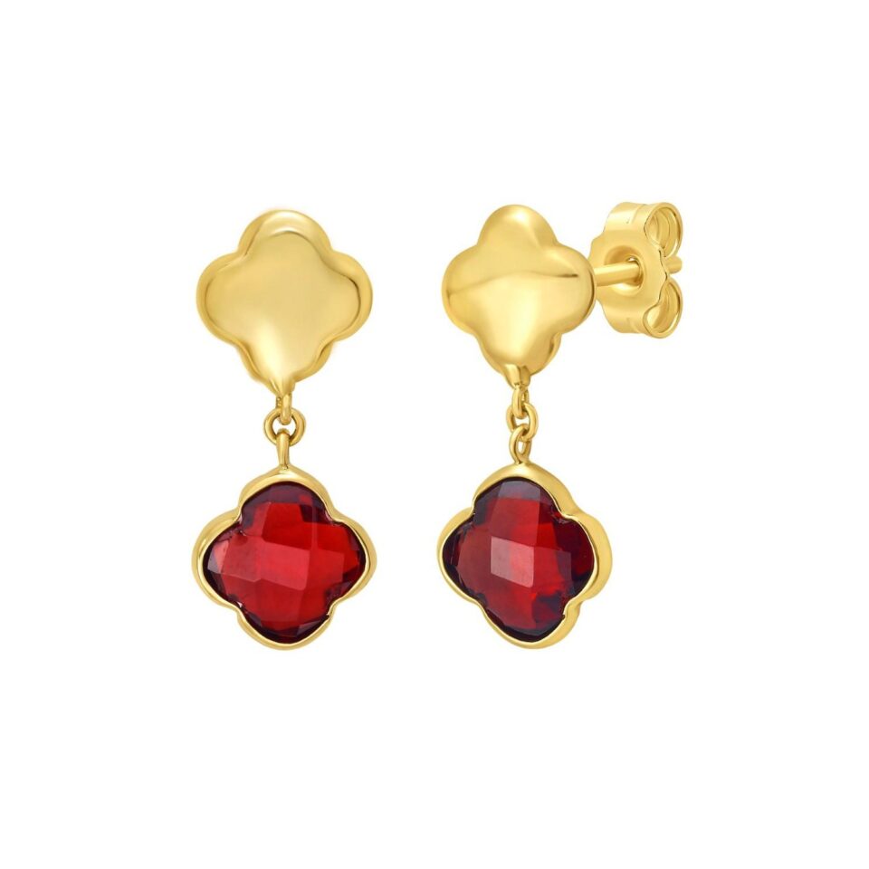 14K Yellow Gold Clover Garnet Earrings