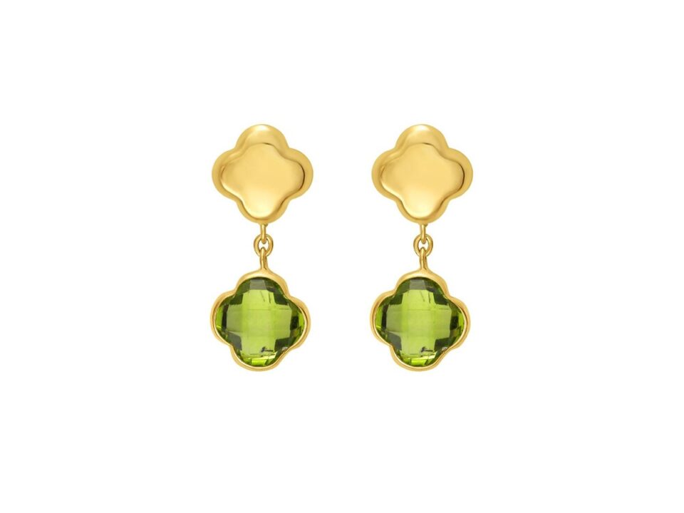 Clover peridot earrings in solid 14K yellow gold, view 2