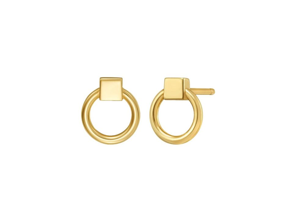 Circle stud earrings in solid 14K yellow gold, view 2